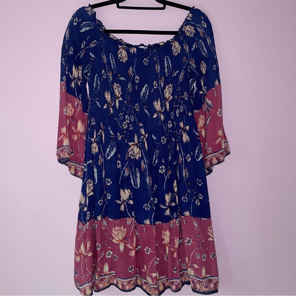 J Gee Sundress XL Midi Smocked Boho Print Bell Sleeves Blue Purple